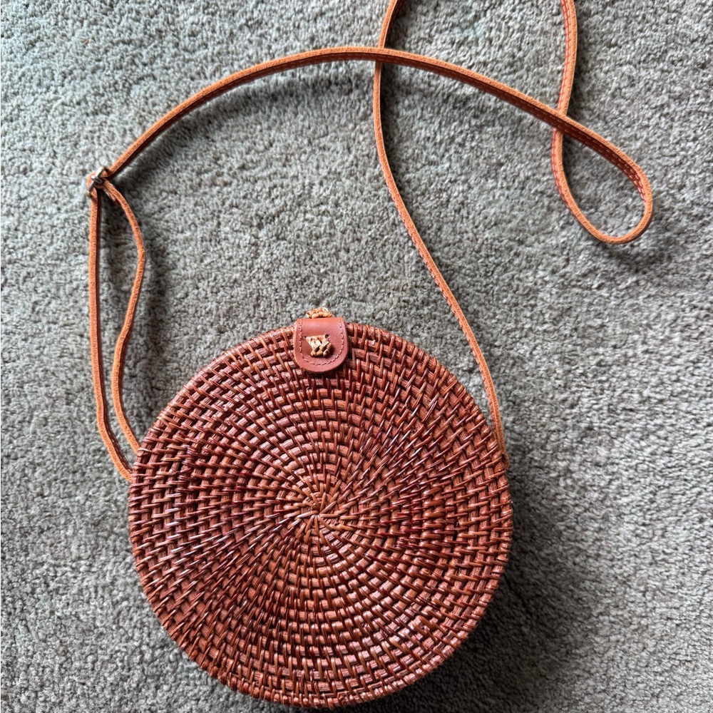 Round Woven Tan Crossbody Bag
